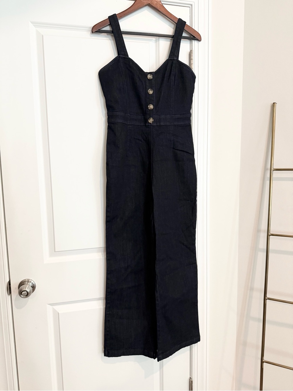 Express Dark Wash Button-Front Wide Leg Jumpsuit